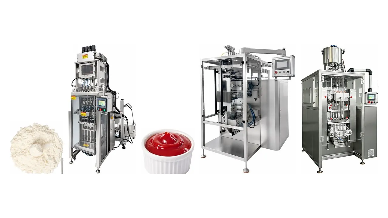 LINEVO sachet packing machines for powder, liquid and granule products, shown with powder and ketchup samples