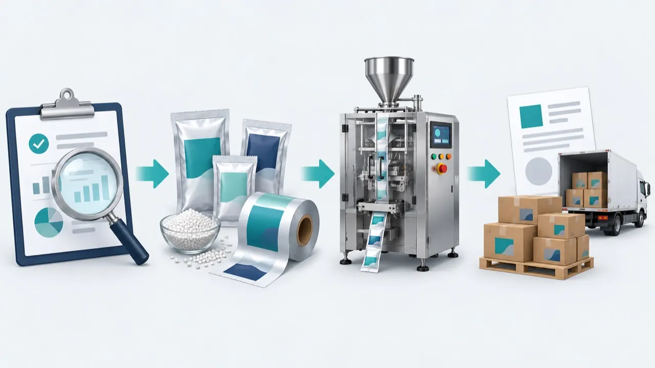 Illustration of the four project steps: requirements review, product and film evaluation, trial and configuration, quotation