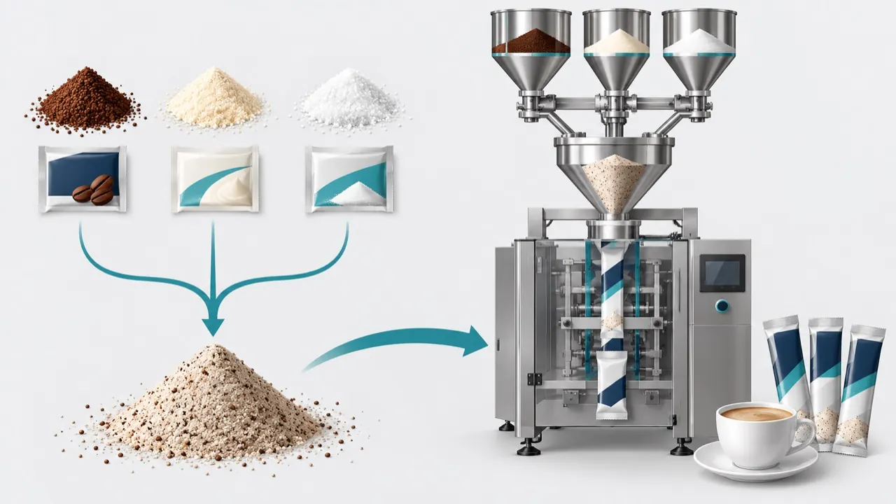 Illustration of 2-in-1 and 3-in-1 coffee mix ingredients with different particle sizes separating in a hopper