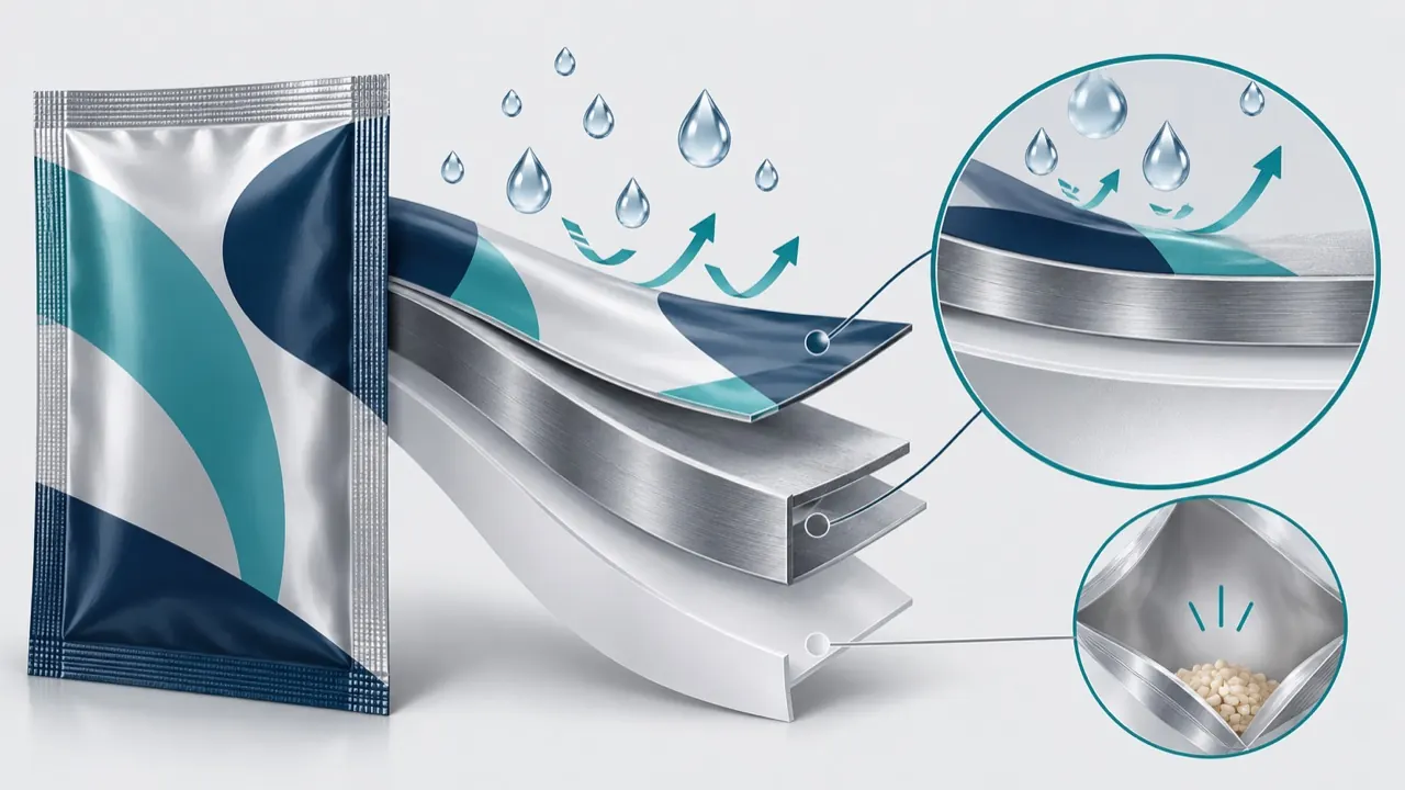 Layered film cross-section illustration showing moisture and oxygen blocked by a barrier layer around a coffee sachet