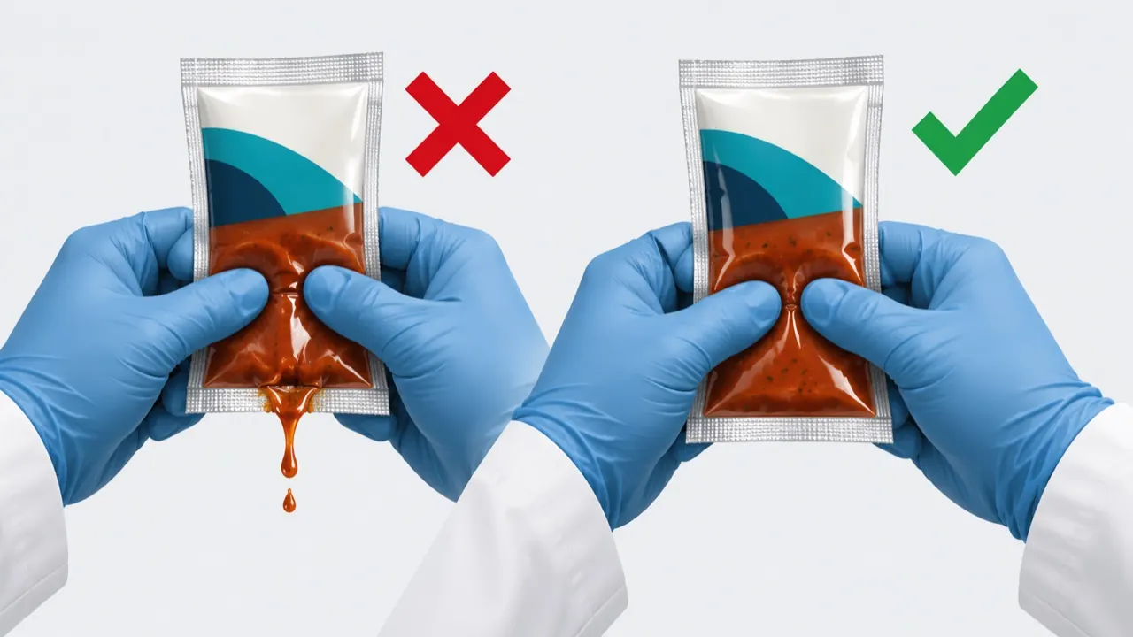 Illustration of a sealed sauce sachet being pressed by hand to check for leaks at the seal