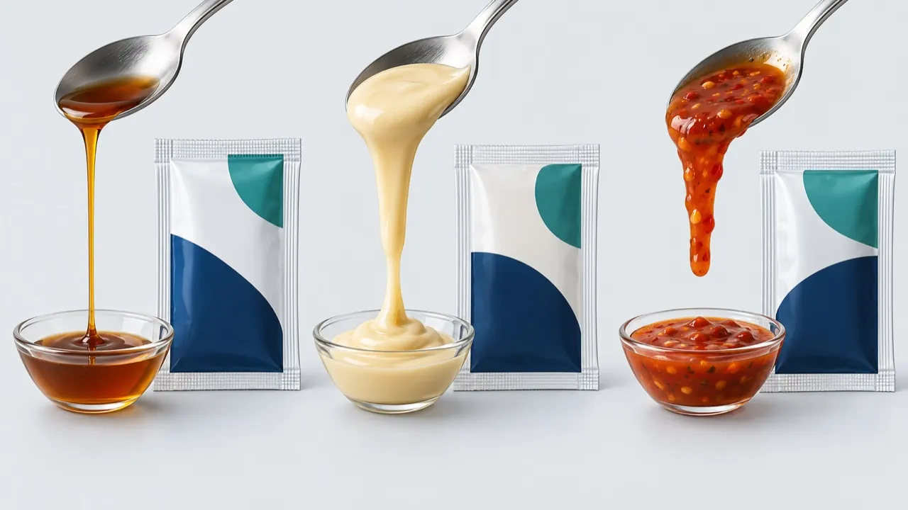 Side-by-side illustration of thin, medium and thick sauces flowing from a spoon at different rates