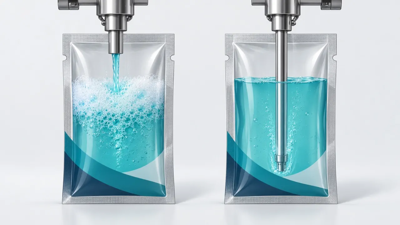 Comparison illustration of a turbulent fill creating foam and a low gentle fill keeping the liquid calm