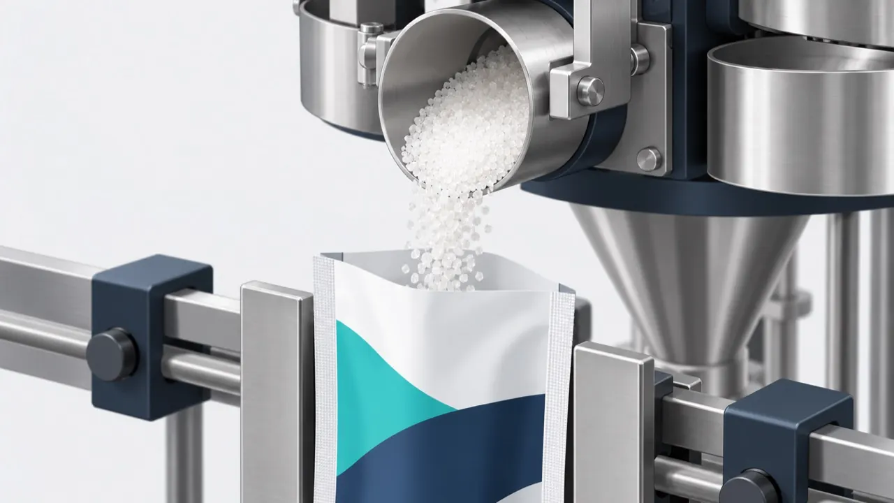 Illustration of a volumetric dosing cup filling with sugar crystals and releasing a portion into a sachet