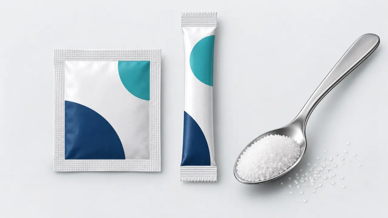 Illustration comparing a flat sugar sachet with a long narrow sugar stick pack side by side