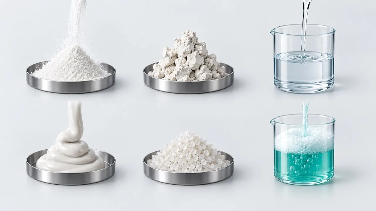 Illustration comparing free-flowing powder, cohesive powder, granules, thin liquid, paste and foaming liquid as sachet fill products