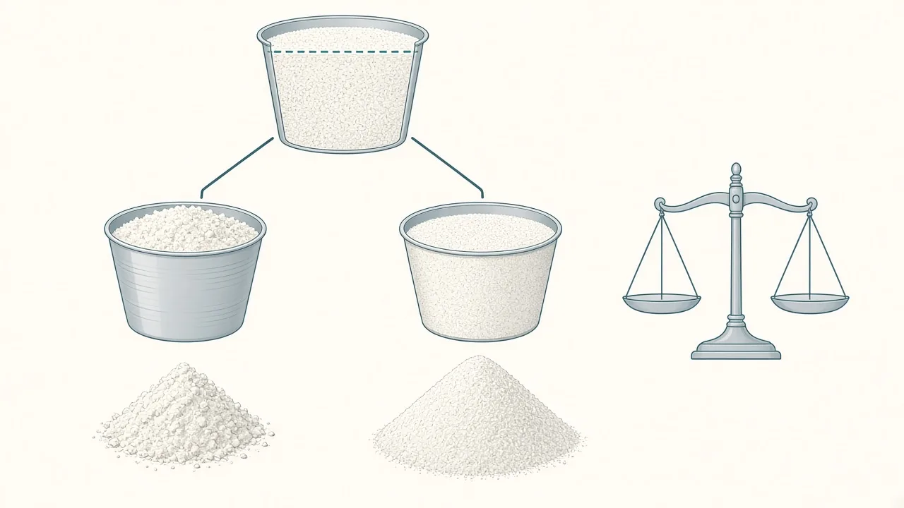 Illustration of one filled volume split into a loosely packed cup and a tightly packed cup of the same size, with a smaller pile, a larger pile, and an empty scale