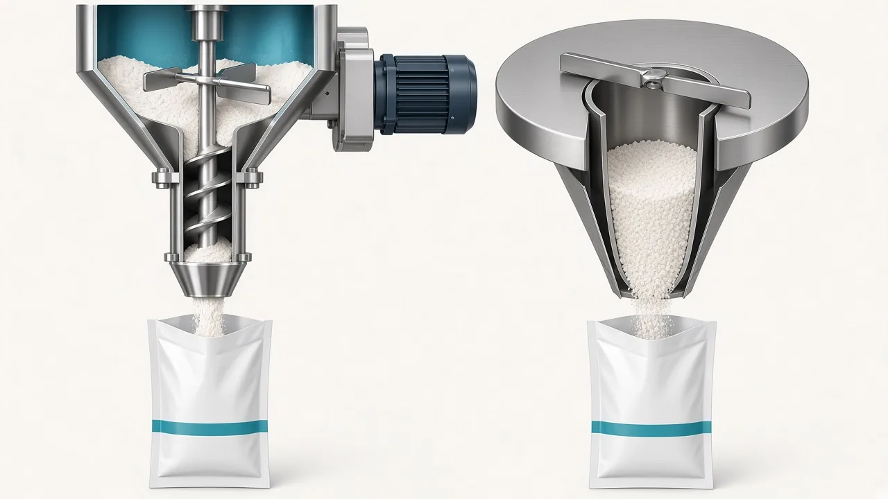 Illustration of an auger screw and a volumetric cup dosing into matching small sachets