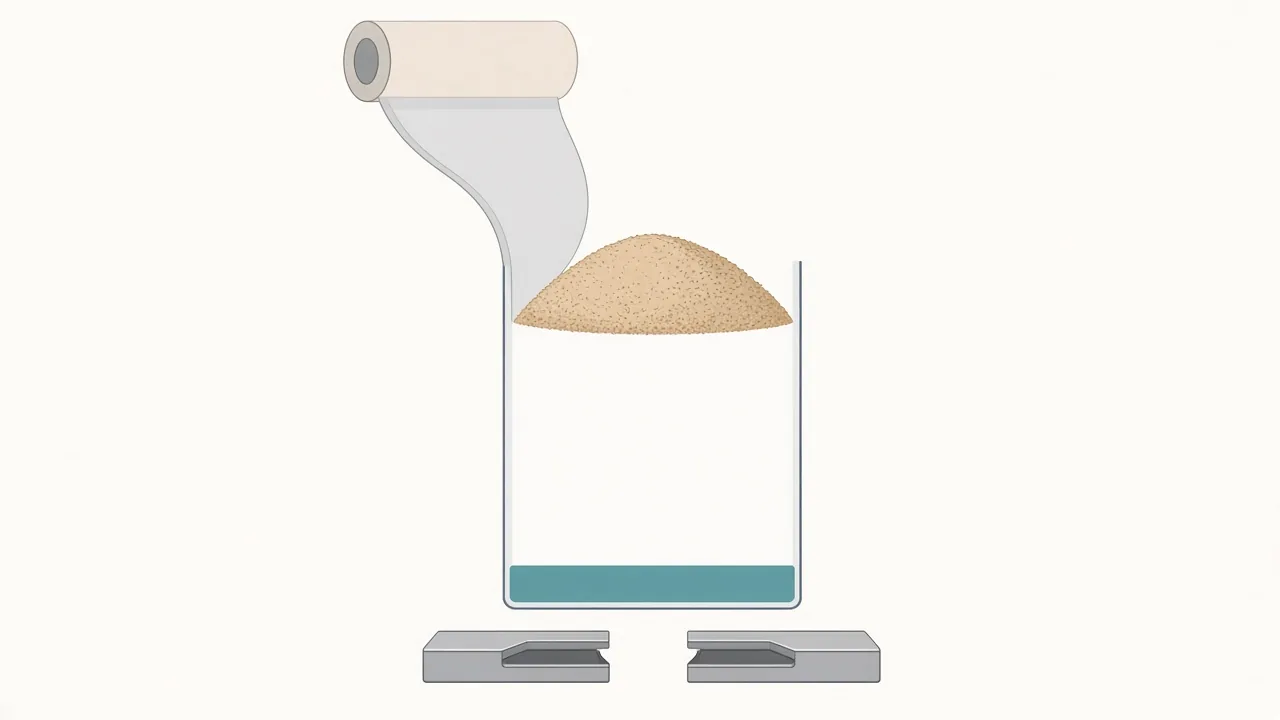 Illustration of a dose sitting in the upper part of a sachet, above a seal band, with open sealing jaws at that band