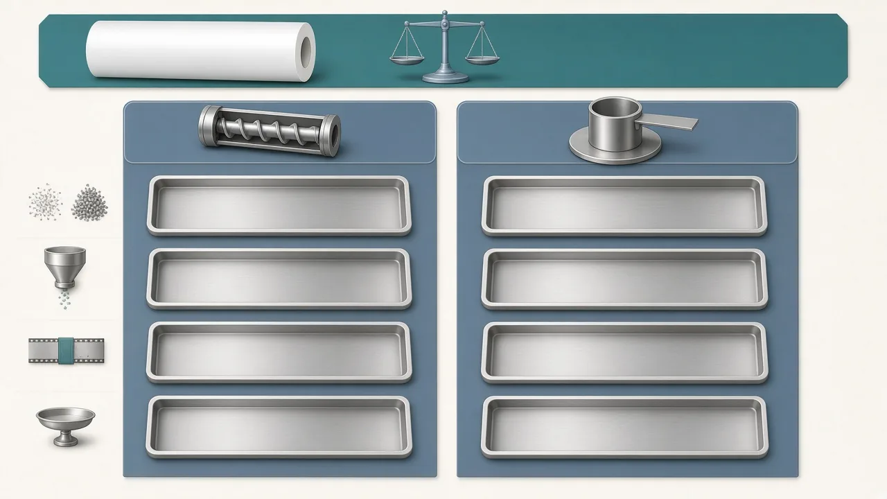 Illustration of a blank two-column record: a film roll and a scale kept fixed, a screw column and a cup column, and four empty note trays on each side