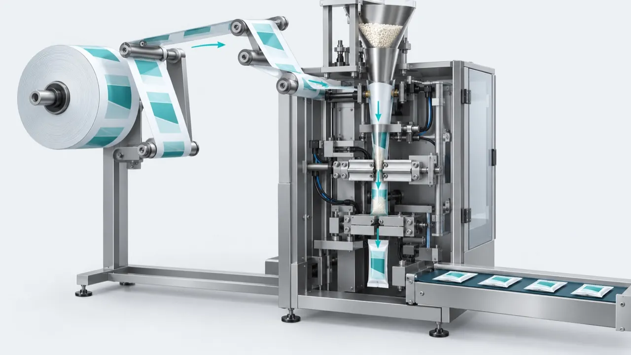 Illustrated flat sachet packaging machine showing film path, forming, dosing and sealing stations