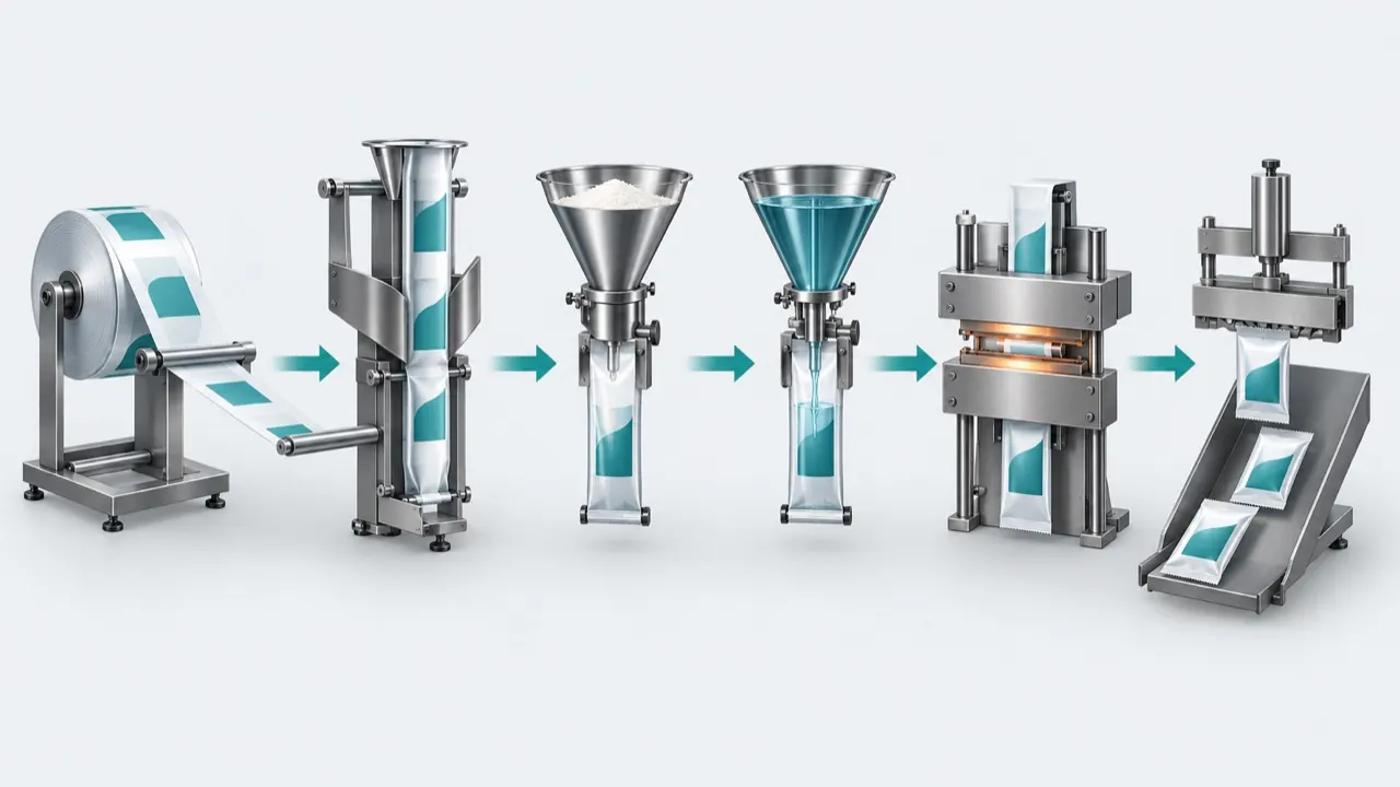 Illustration of the sachet forming process from film unwind through forming, dosing, cross-sealing and cutting to discharge