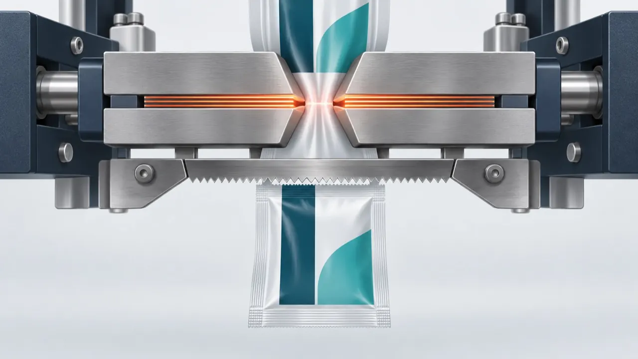 Illustration of heated sealing jaws pressing two film layers together to form a sachet seal