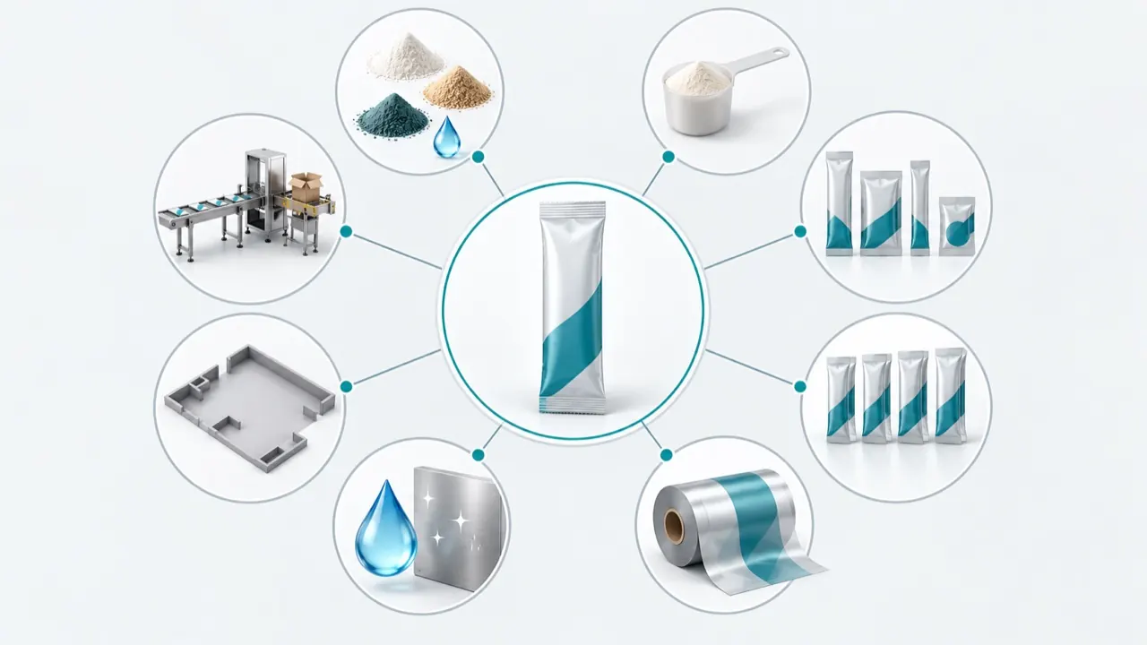 Illustration of the decision factors for a sachet packaging machine arranged as a sequence from product to operators