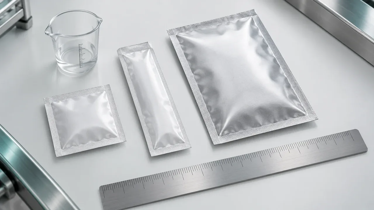 Illustration of flat sachets in three sizes with width, length and seal widths marked on each