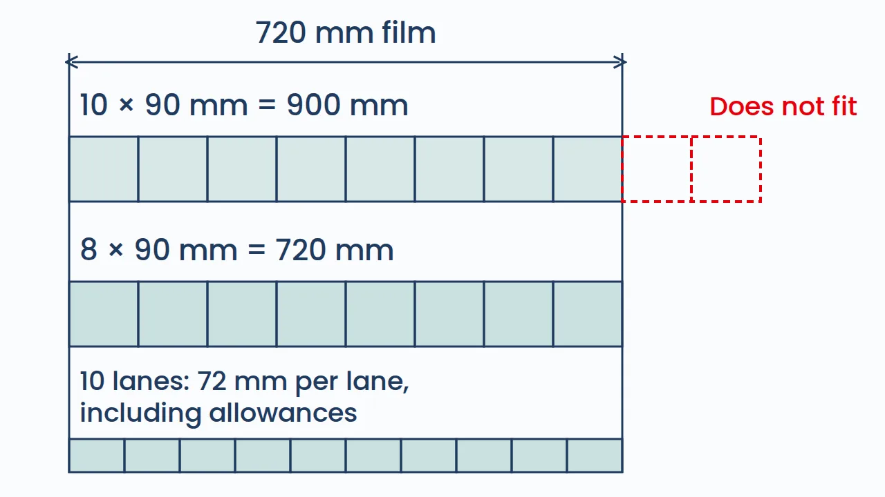 Diagram of a 720 mm film web showing that ten 90 mm sachets need 900 mm while eight fit, and that ten lanes leave 72 mm per lane