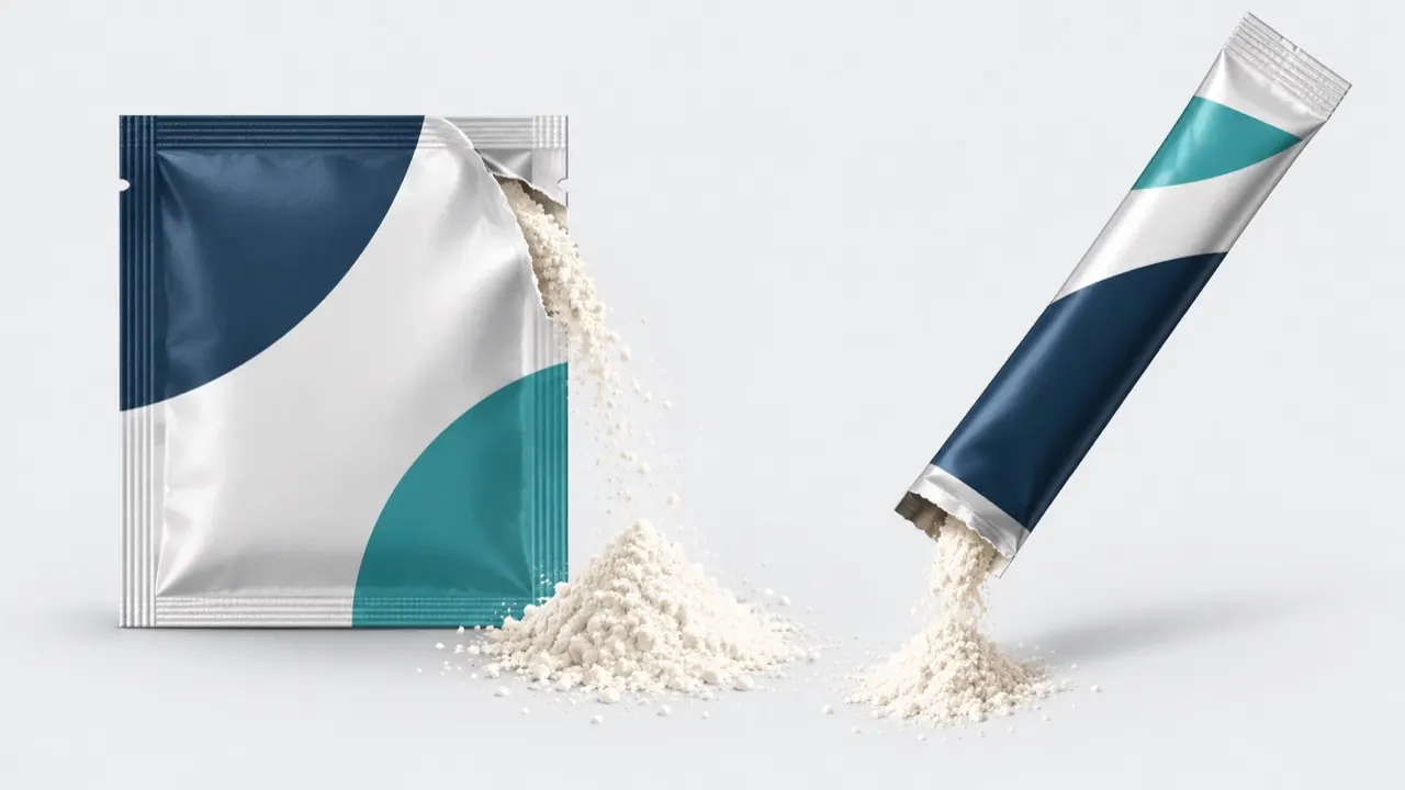 Illustration comparing a flat sachet and a narrow stick pack side by side