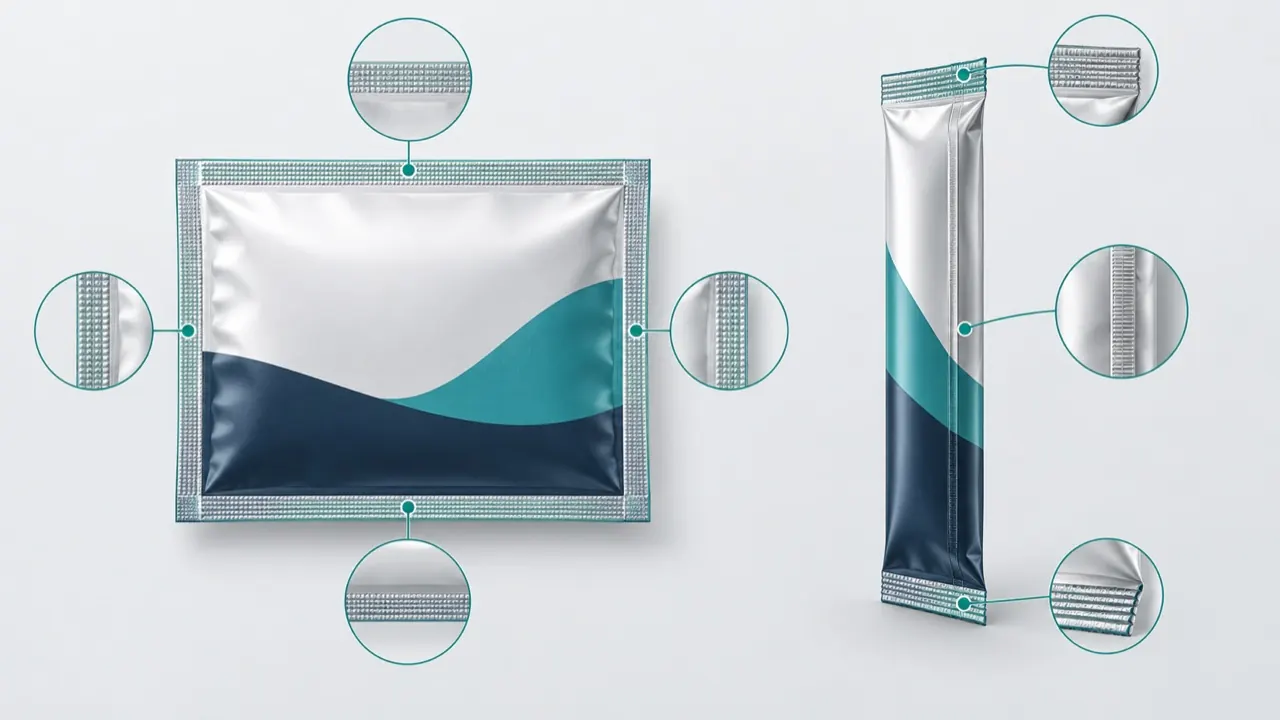 Side by side comparison of a flat sachet and a stick pack showing shape and printable area