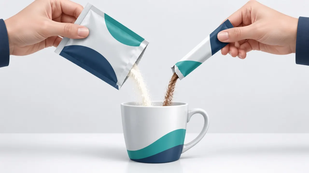 Illustration of a person tearing a flat sachet and another pouring a stick pack into a cup