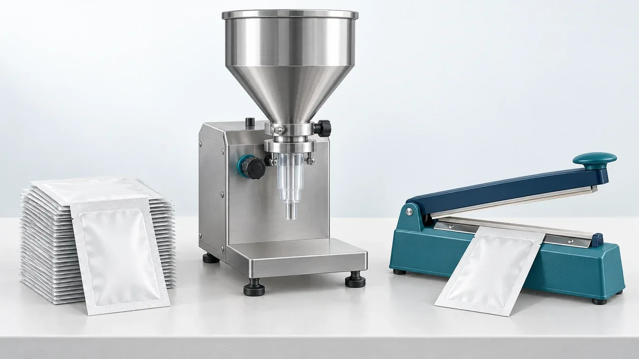 Illustration of a small workbench with premade sachets, a tabletop doser and a heat sealer