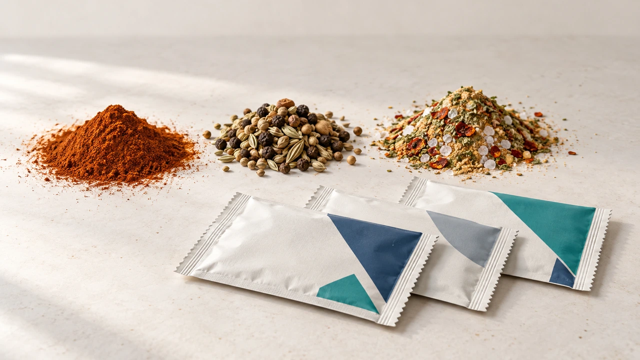Illustration of ground spice, whole seeds and a mixed seasoning blend behind three plain flat sachets