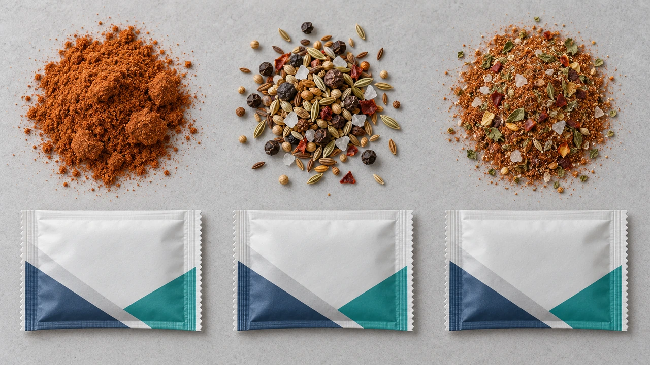 Illustration of a clumping fine spice powder, loose seeds and peppercorns with a few crystals, and a seasoning blend of powder with coarse crystals and flakes, each above a plain flat sachet