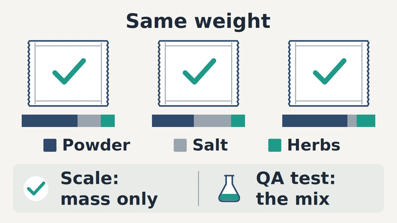 Diagram of three flat sachets marked same weight, whose bars show different shares of powder, salt and herbs; a scale checks mass only and a QA test checks the mix