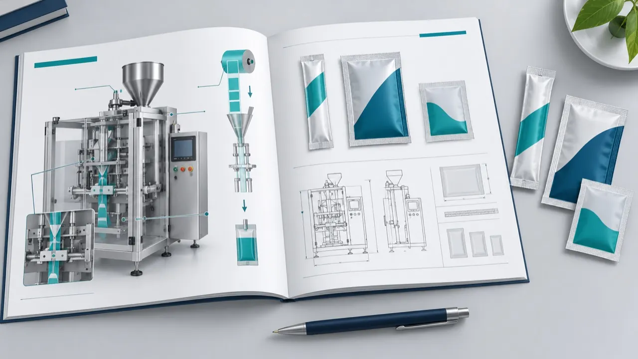 Illustrated desk with sachet samples, a film roll and a checklist representing sachet packaging machine guides
