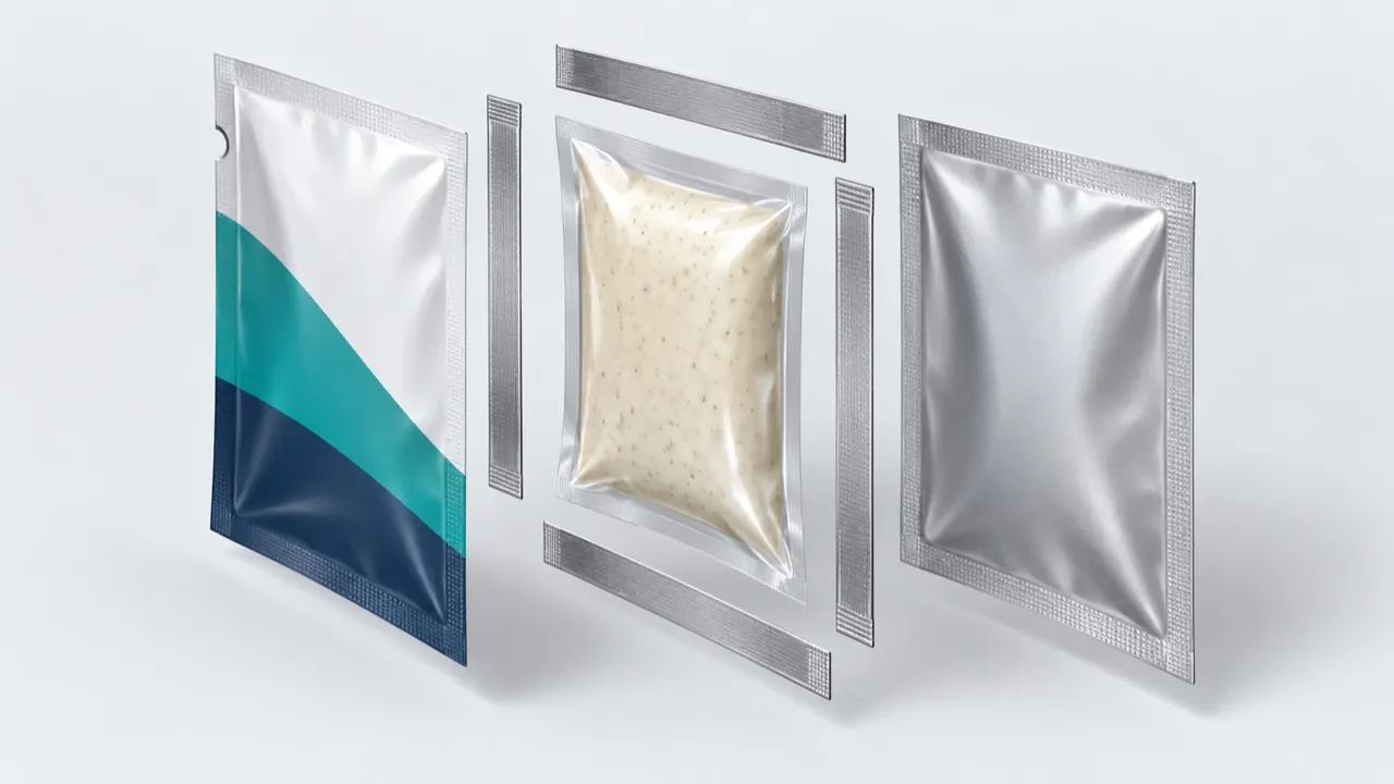 Labelled diagram of a four-side seal sachet showing the seals, tear notch and product cavity