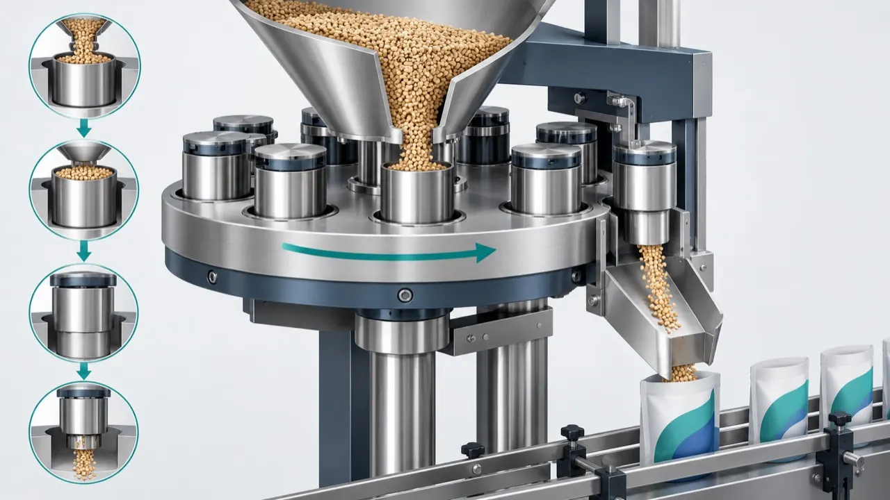 Cross-section illustration of a volumetric cup filler with an adjustable cup receiving granules from a hopper