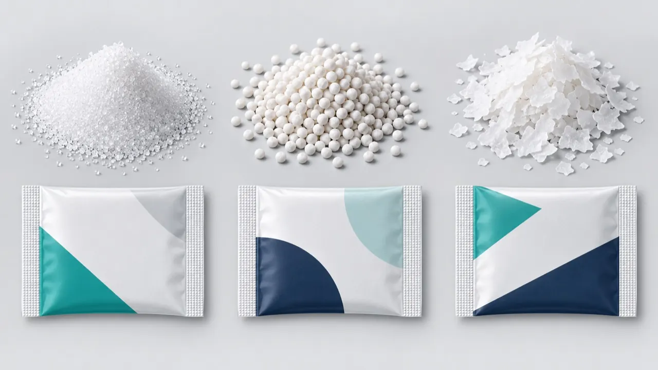 Illustration comparing round, crystalline, flaked and mixed granules with different sizes and shapes side by side
