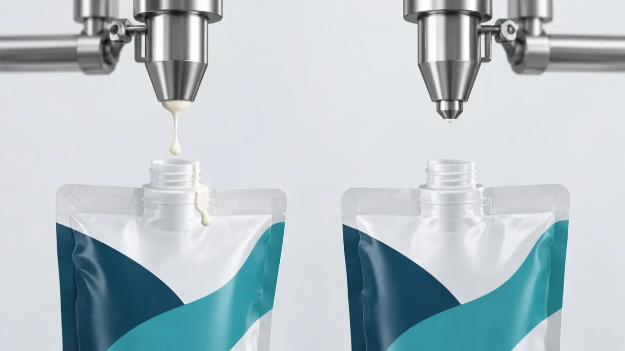 Diagram of a fill nozzle with a product tail falling toward the seal area of an open sachet