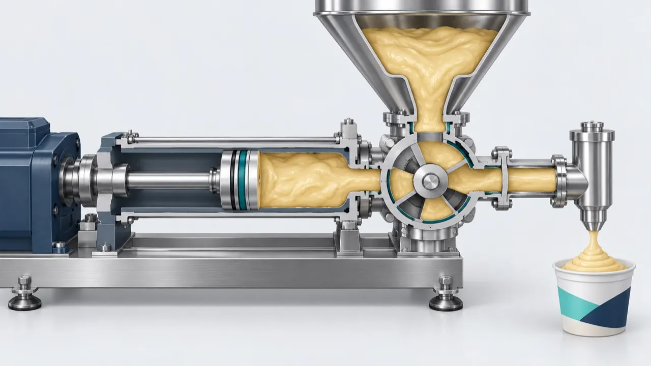 Cutaway illustration of a piston pump with a rotary valve moving product from a hopper to a fill nozzle