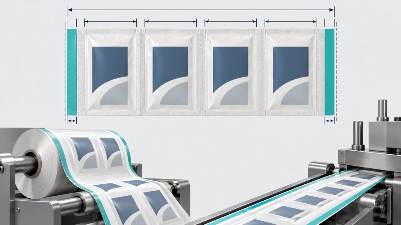 Cross-section of a film web divided into lanes showing sachet width, seal margins and lane gaps