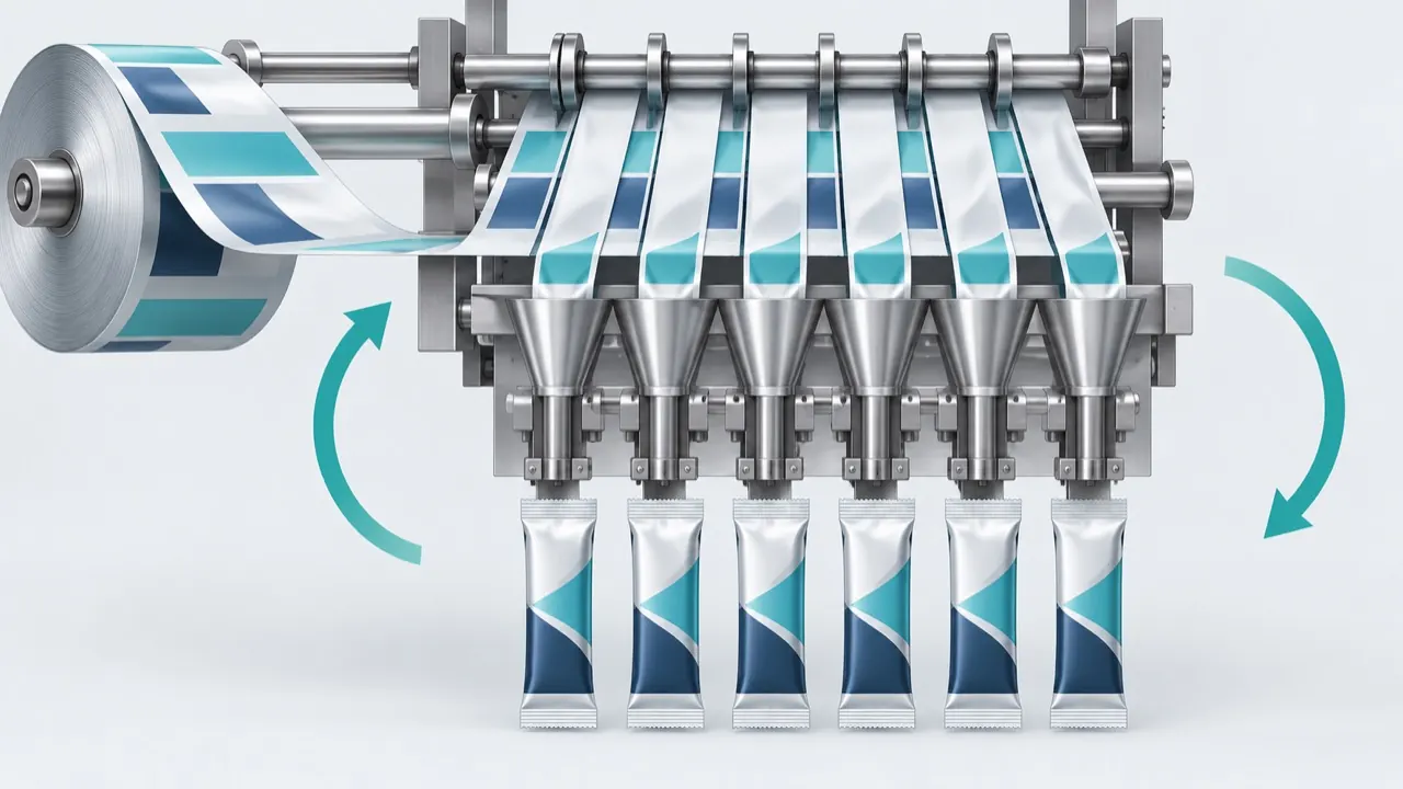 Diagram showing parallel lanes, one machine cycle and how lane count multiplies the sachets produced per cycle