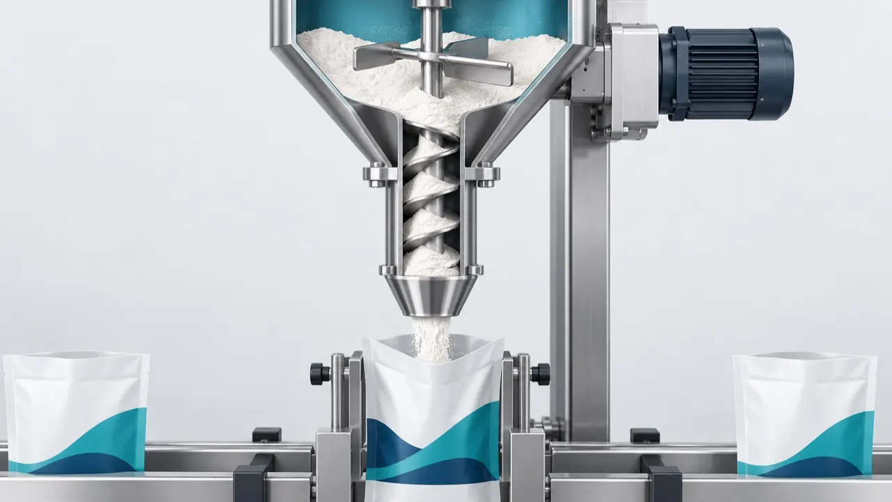 Cutaway illustration of an auger screw in a tube dosing powder from a hopper into a forming tube