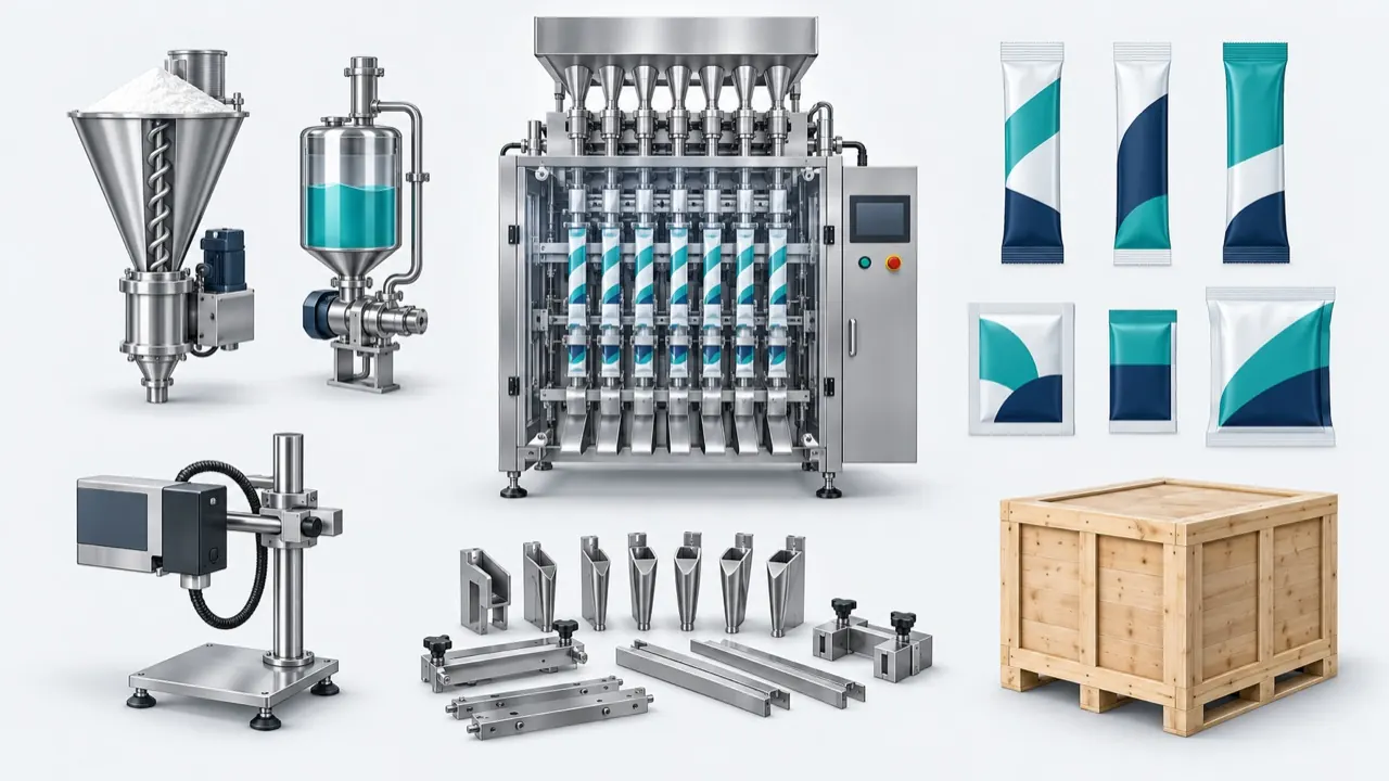 Diagram showing product behaviour, dosing method, lanes, sachet format and options feeding into a machine quotation