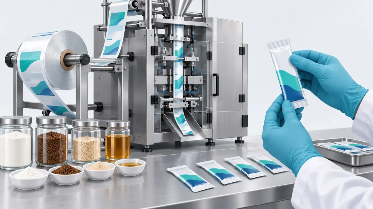 Illustration of a product and film sample being prepared for a sachet packaging trial and evaluation