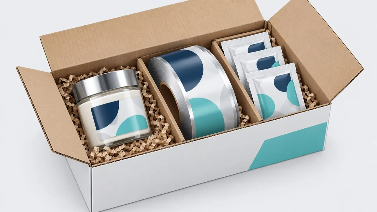 Illustration of a sample kit with product sample, film roll, target sachet and a fill amount note for a trial