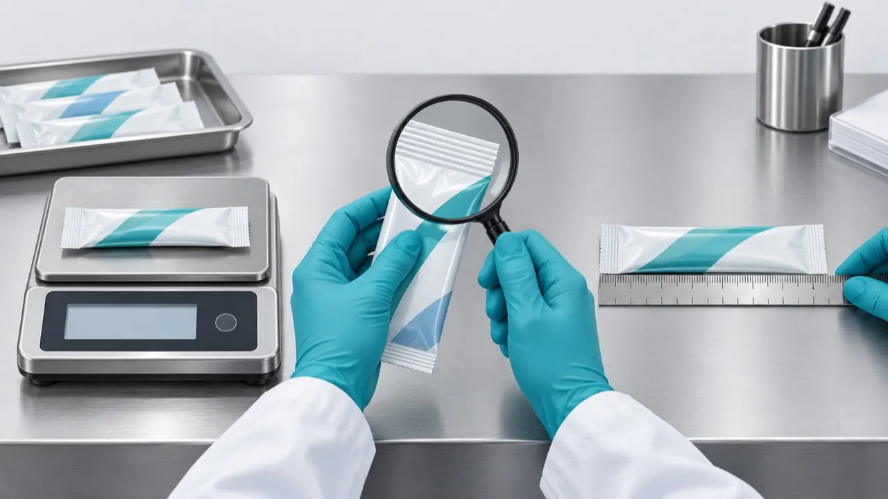 Illustration of trial checks including weighing sachets, inspecting seals, cut position, print registration and dust or drip